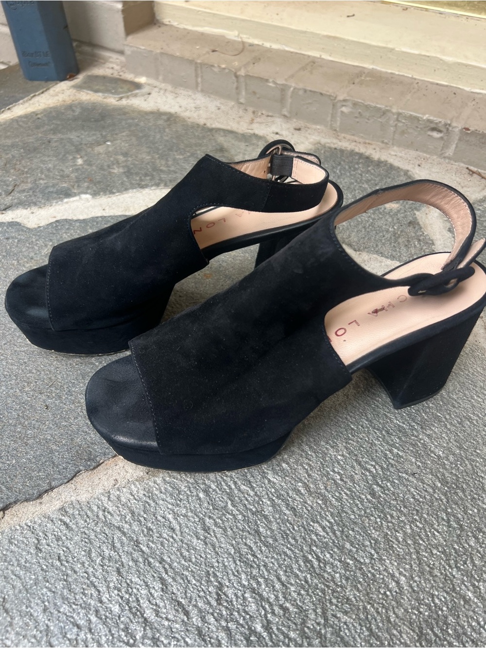 Sacha London Black Suede Peep-Toe Slingback Platform Heels
